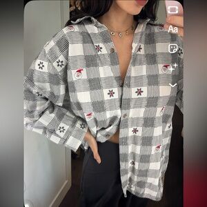 Christmas Santa Black White Checkered Button-Up Shirt